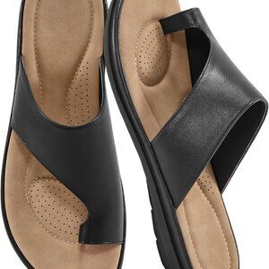 Women's Faux Leather Flat Sandals Comfortable Orthopedic Slip On for Daily Use